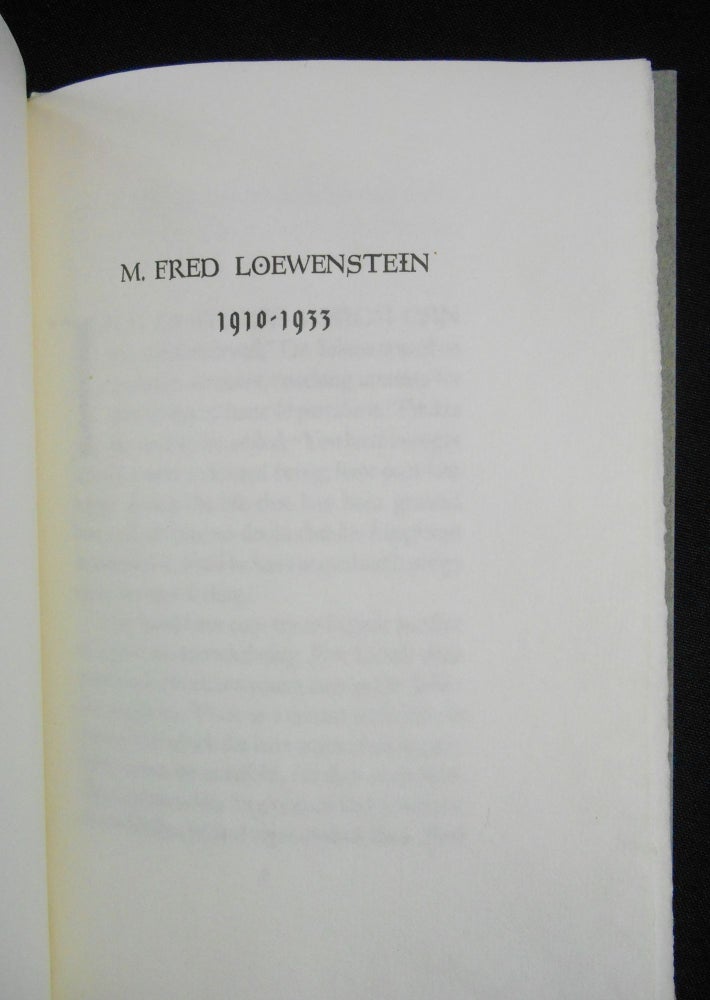 Item #17080406 M. Fred Loewenstein, 1910-1933 [A Eulogy]. Frank W. Cushwa.