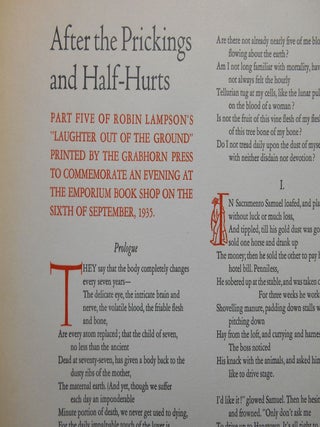 After the Prickings and Half-Hurts; Part Five of Robin Lampson's "Laughter Out of the Ground" Printed by The Grabhorn Press to Commemorate an Evening at the Emporium Book Shop on the Sixth of September, 1935.