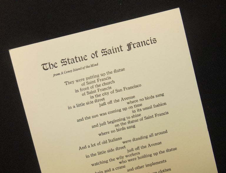 Item #19120903 The Statue of Saint Francis; from "A Coney Island of the Mind" Lawrence Ferlinghetti.