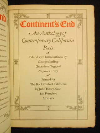 Item #CNBR498 Continent's End, An Anthology of Contemporary California Poets. George Sterling,...